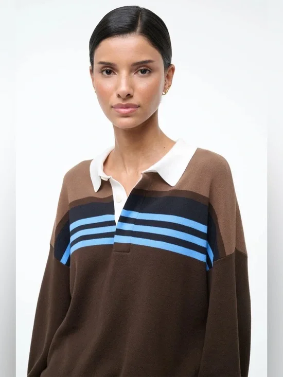 Staud Large Sail Top Earth Multi Stripe Cotton Knit Rugby Polo - Picture 4 of 9